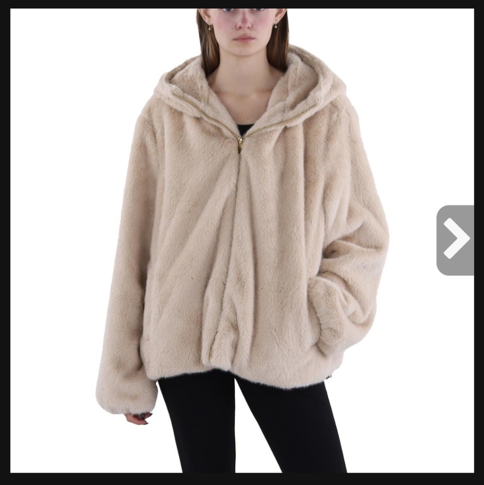 Via Spiga Cream Teddy Jacket Faux Fur Hooded